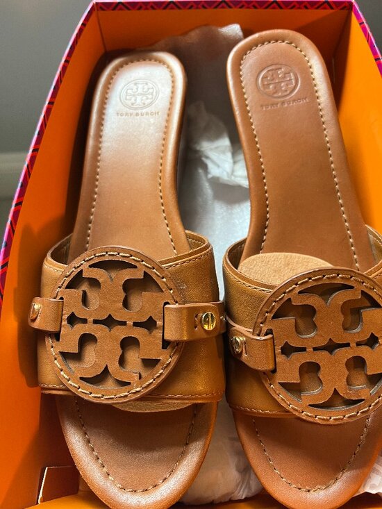 Tory Burch Shoes - Tory Burch Tan/ Brown/Cognac Leather Platform Wedge Slide Sandals size 11